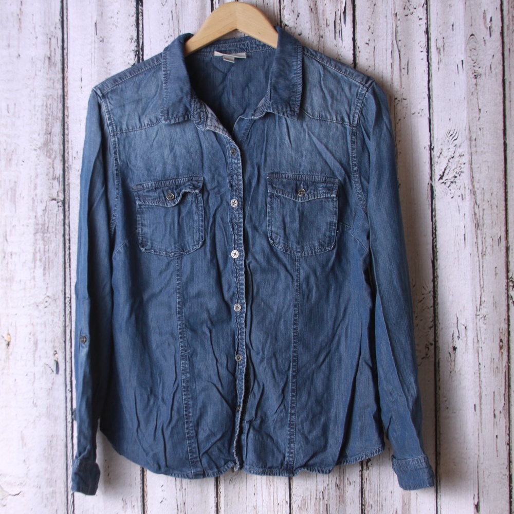 Christopher & Banks Denim Button Down Shirt SZ L